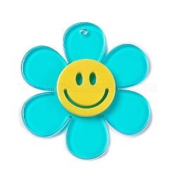 Transparent Acrylic Big Pendants, Sunflower with Smiling Face Charm, Dark Turquoise, 55x50.5x6mm, Hole: 2.5mm