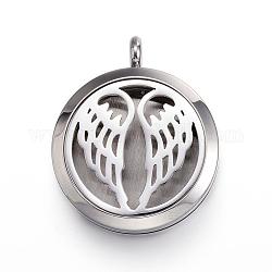 316 Surgical Stainless Steel Diffuser Locket Pendants, with Perfume Pad and Magnetic Clasps, Flat Round with Wings, Stainless Steel Color, 36.5~37x30x6~6.5mm, Hole: 5mm, Inner Diameter: 23mm, 12Color/Set