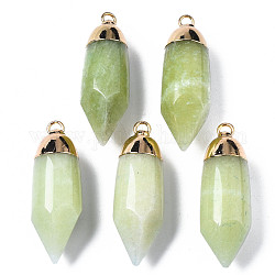Pendentifs en jade blanc naturel, avec boucle en laiton doré clair, teinte, balle, vert olive, 35x12x12mm, Trou: 2mm