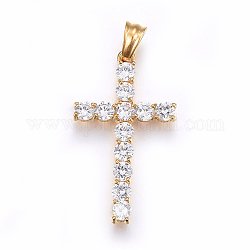 304 Stainless Steel Pendants, with Cubic Zirconia, Cross, Clear, Golden, 38x22x4mm, Hole: 5x7mm