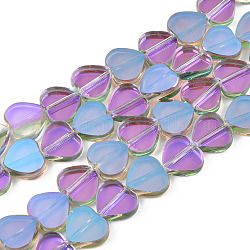 Transparentes perles de verre de galvanoplastie brins, demi-plaqué, cœur, moyen orchidée, 9.5x10.5x3mm, Trou: 0.8mm, Environ 60 pcs/chapelet, 21.65 pouce (55 cm)