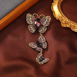 Broche de mariposa triple de aleación larga creativa, broche de insecto retro con rhinestone, accesorio para traje de banquete de ceremonia, amatista, 110x52mm