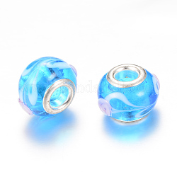 Perles européennes rondes vernissées à gros trou, avec noyaux en laiton plaqué couleur argent, Dodger bleu, 13~14x10~11mm, Trou: 5mm