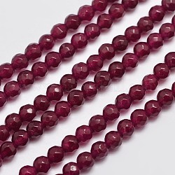 Chapelets de perles en jade de Malaisie naturelle, imitation rubis, ronde, teinte, facette, rouge foncé, 4mm, Trou: 0.8mm, Environ 91 pcs/chapelet, 14.5 pouce