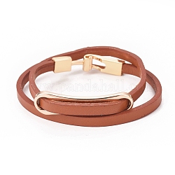 Imitation bracelets d'enveloppe de cuir, 2-boucles, avec maillons et fermoirs ovales en alliage, chocolat, 14-5/8 pouce (37 cm), 5x2mm