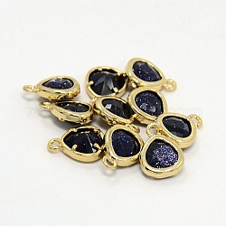 Real 18K Gold Plated Brass Synthetic Blue Goldstone Pendants, Faceted Triangle Charms, 11x8.5x4mm, Hole: 1mm