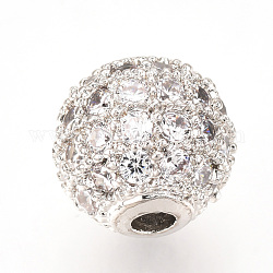 Messing Mikro ebnen Zirkonia Perlen, Runde, Transparent, Platin Farbe, 8 mm, Bohrung: 1.5 mm