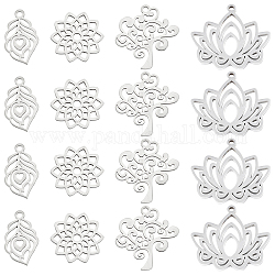 DICOSMETIC 16pcs 4 Styles 201 Stainless Steel Plant Charms Hollow Leaf Pendants Tree of Life Charms Lotus Charms Flower Pendants for Jewelry Making DIY Crafts Findings