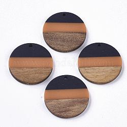 Tri-color Resin & Walnut Wood Pendants, Flat Round, Prussian Blue, 28x3.5mm, Hole: 2mm