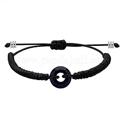 Bracelet de perles tressées donut bleu goldstone synthétique, bracelet réglable en pierres précieuses pour femmes, noir, diamètre intérieur: 2~3-3/8 pouce (5~8.6 cm)