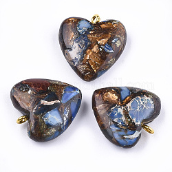 Pendentifs assemblés en bronzite et jaspe impérial, avec les accessoires en fer, cœur, or, 20~22x19~20x5~7mm, Trou: 2mm