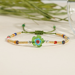 Armbänder aus geflochtenen Glasperlen und Blumenperlen, verstellbare Faserkordelarmbänder für Damen, lime green, 11.02 Zoll (28 cm)
