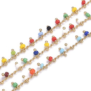 Laiton chaînes de perles de verre à la main, avec bobine, soudé, Plaqué longue durée, véritable 18k plaqué or, rondelle, colorées, maillons : 2x2x0.8 mm , charme: 5.5x3mm, environ 16.4 pied (5 m)/rouleau