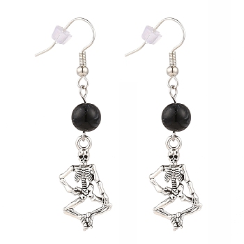 Human Skeleton Alloy Dangle Earrings, for Halloween, with Imitation Gemstone Acrylic Round Beads and Brass Earring Hooks, Antique Silver, Black, 55mm, Pin: 0.6mm