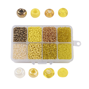 8/0 Perlas de semillas de vidrio, para hacer joyas y hacer cuentas, estilo mezclado, redondo, amarillo, 3x2mm, agujero: 1 mm, aproximamente 4200 unidades / caja, caja de embalaje: 11x7x3 cm