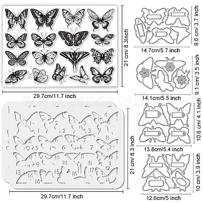 4 Stück Schmetterlings-Stanzschablonen aus Kohlenstoffstahl mit ausgehöhlten Zeichen- und Malschablonen-Sets mit Haustieren und 1 Stück PVC-Kunststoffstempel&nbsp;DIY-GL0004-149-1