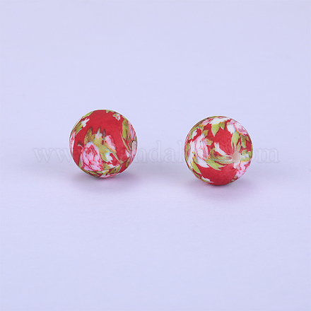 Printed Round with Flower Pattern Silicone Focal Beads SI-JX0056A-155-1