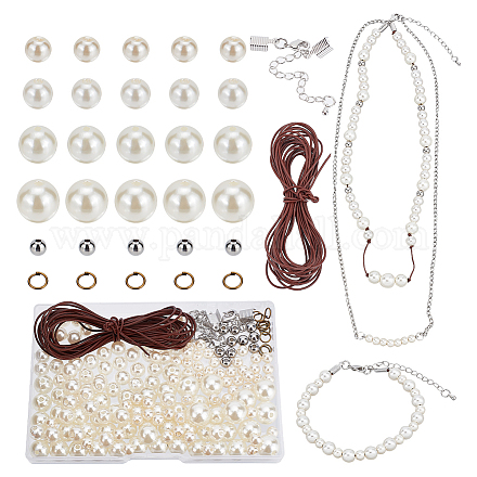 Ph pandahall 183 pz perle d'imitazione perle rotonde di perle sciolte da 6/8/10/12 mm con cordoncino in pelle marrone e risultati di gioielli per la creazione di gioielli bracciali orecchini collane artigianato fai da te DIY-PH0009-65-1
