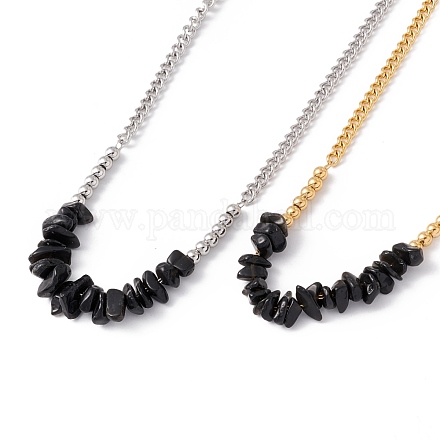 Natural Black Agate Chips Pendant Necklace NJEW-E015-01A-1