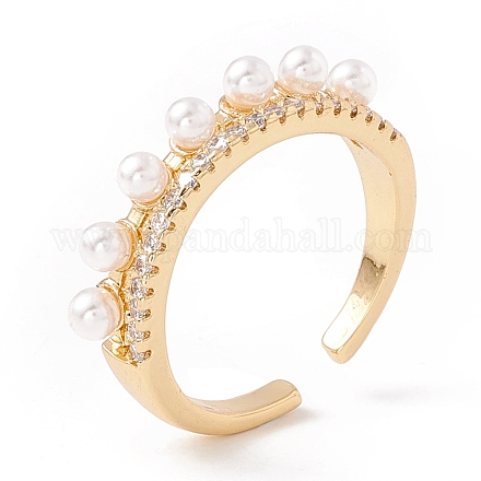 Clear Cubic Zirconia Open Cuff Ring with Acrylic Pearl KK-E005-05G-1