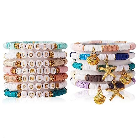 12 pièces 12 style fait à la main en argile polymère heisih perlé bracelets extensibles sertis de charme étoile de mer coquille BJEW-SW00035-1