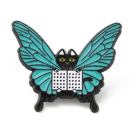 蝶の羽のエナメルピンを持つ猫  電気泳動黒メッキ合金ブローチ  ブラック  30x35x1.5mm JEWB-I026-03B-1