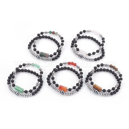 Bracelets extensibles en pierres naturelles mélangées et perles d'agate noire naturelles BJEW-JB04012-1