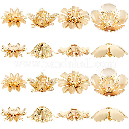 Beebeecraft 24 Stück/Box 4 Stil Perlenkappen 18k vergoldetes Messing Blumenperlenkappen für Armband Halskette Ohrringe Schmuckherstellung Zubehör KK-BBC0003-52-1
