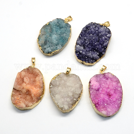 Plated  Natural  Druzy Agate Oval Pendants G-R275-10-1