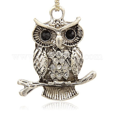 Antique Silver Alloy Rhinestone Owl Pendants for Halloween ALRI-J065-01AS-1