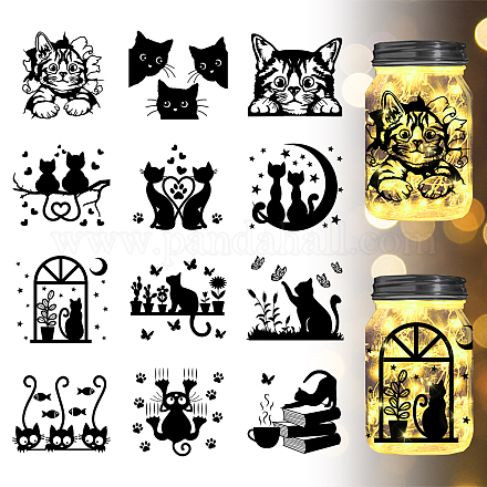 GLOBLELAND 12Pcs Cartoon Cat Jar Cutouts Stickers Silhouette Window Stickers Plastic Silhouette Wall Stickers Lamp Clings Decals Decorations Home Decor Art Mural AJEW-WH0345-0002-1