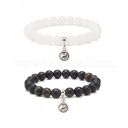 2 pièces 2 bracelets extensibles en obsidienne et jade blanc avec éclat doré naturel sertis de breloques en alliage yin yang BJEW-JB08446-1