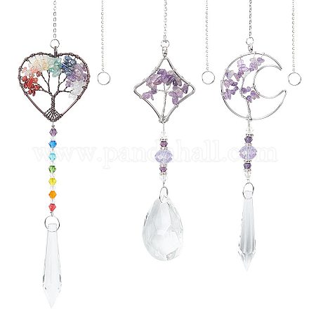 SUNNYCLUE 3Pcs Garden Sun Catchers Tree of Life Suncatchers 7 Chakra Chip Beads Amethyst Crystal Ball Bead Wire Wrapped Charms Rainbow Sun Catchers Hanging Ornament for Home Decoration Door Window AJEW-SC0001-52-1