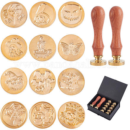 CRASPIRE 12PCS Halloween Wax Seal Stamp Set 25mm Removable Brass Heads with 2PCS Wooden Handles and Black Gift Box for Invitation Cards Gift Candy Bottle Decoration AJEW-CP0002-36E-1