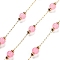 Handmade Round Dyed Natural Malaysia Jade Beaded Chains, with Ion Plating(IP) 304 Stainless Steel Paperclip Chains, Unwelded, Real 18K Gold Plated, Pink, 2.2x1x0.5mm