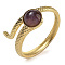 Natural Amethyst Finger Rings, Snake 304 Stainless Steel Open Cuff Rings, Real 18K Gold Plated, Inner Diameter: 17mm