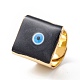 スクエアエナメル、ナザールボンジュウワイドバンド指輪  本物の 18K ゴールドメッキ真鍮調節可能なリング、女性、男性用  ブラック  18.5mm  内径：17mm RJEW-A014-02G-08-2