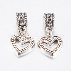 Tibetische Legierung europäische baumelnde Charms, Große lochanhänger, hohle Herz, Antik Silber Farbe, 25 mm, Anhänger: 14.5x13x2 mm, Bohrung: 4.5 mm