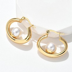 Pendientes de aro con perlas de imitación de acero inoxidable 304 y plástico ABS.&nbsp;EJEW-S253-24G