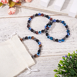 10 mm runde Stretch-Armbänder aus natürlichem Tigerauge und Obsidian und bösen Blickperlen für Frauen und Männer&nbsp;BJEW-TA0001-19