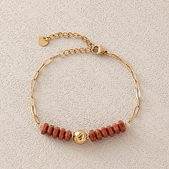 Bracelets pour femmes composés de perles heishi hexagonales en pierre de soleil synthétique et d'une chaîne en acier inoxydable 304 de type trombone.&nbsp;SG1071-1