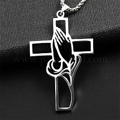 Halsketten mit Anhänger aus Edelstahl mit hohlem Kreuz und betender Hand für Männer&nbsp;FS-WG70CE0-01