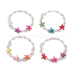 Seestern-Kunststoff-Türkis mit runden Muschelkernperlen und Stretch-Armbändern aus Glasperlen für Damen&nbsp;BJEW-JB11682