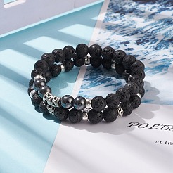 2pcs 2 style bracelets extensibles en pierre de lave naturelle et hématite synthétique sertis de tube en alliage perlé&nbsp;BJEW-JB08319