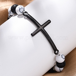 Bracelets extensibles en agate noire naturelle ronde&nbsp;BJEW-F493-04EB-01
