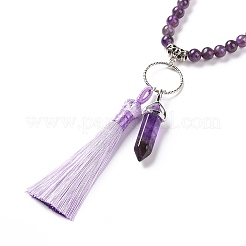 Natürliche Amethyst-Kugel- und Quastenanhänger-Halskette mit gemischten Edelstein-Perlenketten&nbsp;NJEW-E585-02C