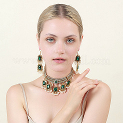 Conjunto de collar y pendientes de gargantilla de aleación de vidrio rectangular para mujer&nbsp;FS-WG507E8-03