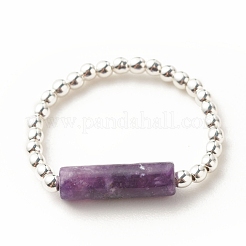 Anello da dito con perline a colonna in pietra mica viola/lepidolite naturale con ematite sintetica&nbsp;RJEW-JR00461-04
