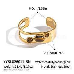 Bracelets manchettes ovales creux en acier inoxydable 304 avec œil de tigre naturel pour femmes&nbsp;RV6494-1