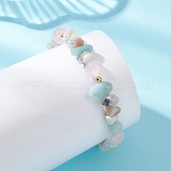 Pulseras elásticas redondas de cuarzo rosa natural y amazonita con flores y cuentas de latón para mujer&nbsp;BJEW-TA00715